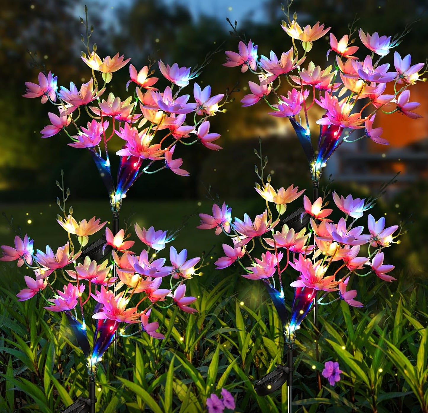 Neporal Solar Flowers Outdoor Waterproof IP65, 5-Head Snow Lotus with 20+ Flowers, 4-Color Light & 2 Lighting Modes, Decorative Solar Lights Outdoor Garden, Yard, Pathway, Flower Bed (2-Pack, White)