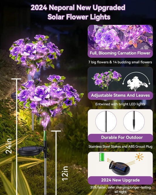 Neporal Solar Light Outdoor - 2 Pack Solar Garden Lights with Purple Carnation Solar Flowers, Solar Lights Outdoor Waterproof IP65, Solar Outdoor Lights Decorative for Outdoor Garden Decoration