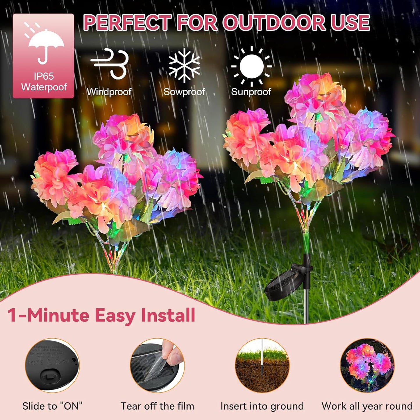 Neporal Solar Flowers Outdoor Waterproof IP65, 2PK 5-Head Hydrangea with 4-Color Light