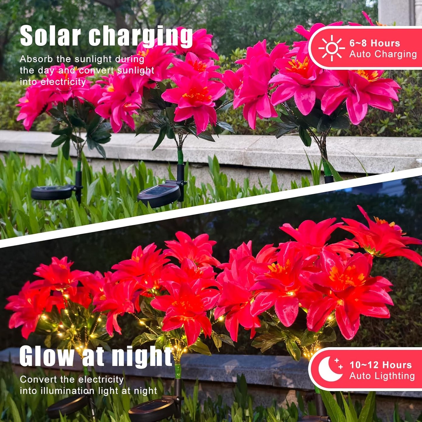 Neporal Solar Flowers Outdoor Waterproof Pink, 4PK 7-Stem Garden Solar Lights Decorative, 2 Lighting Modes, Solar Powered Garden Decor, Solar Yard Decor
