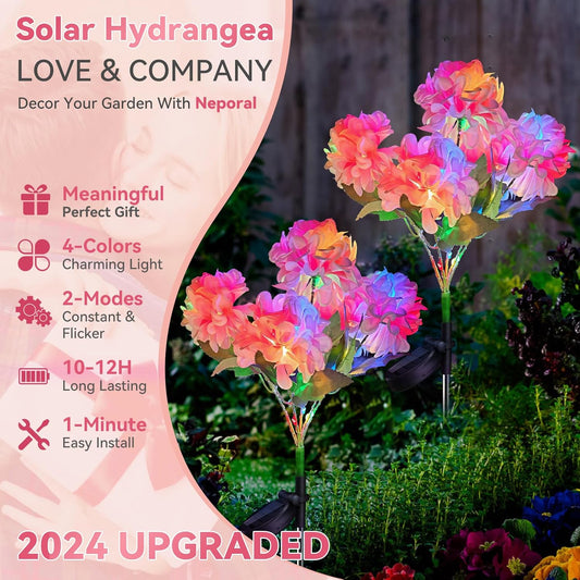 Neporal Solar Flowers Outdoor Waterproof IP65, 2PK 5-Head Hydrangea with 4-Color Light