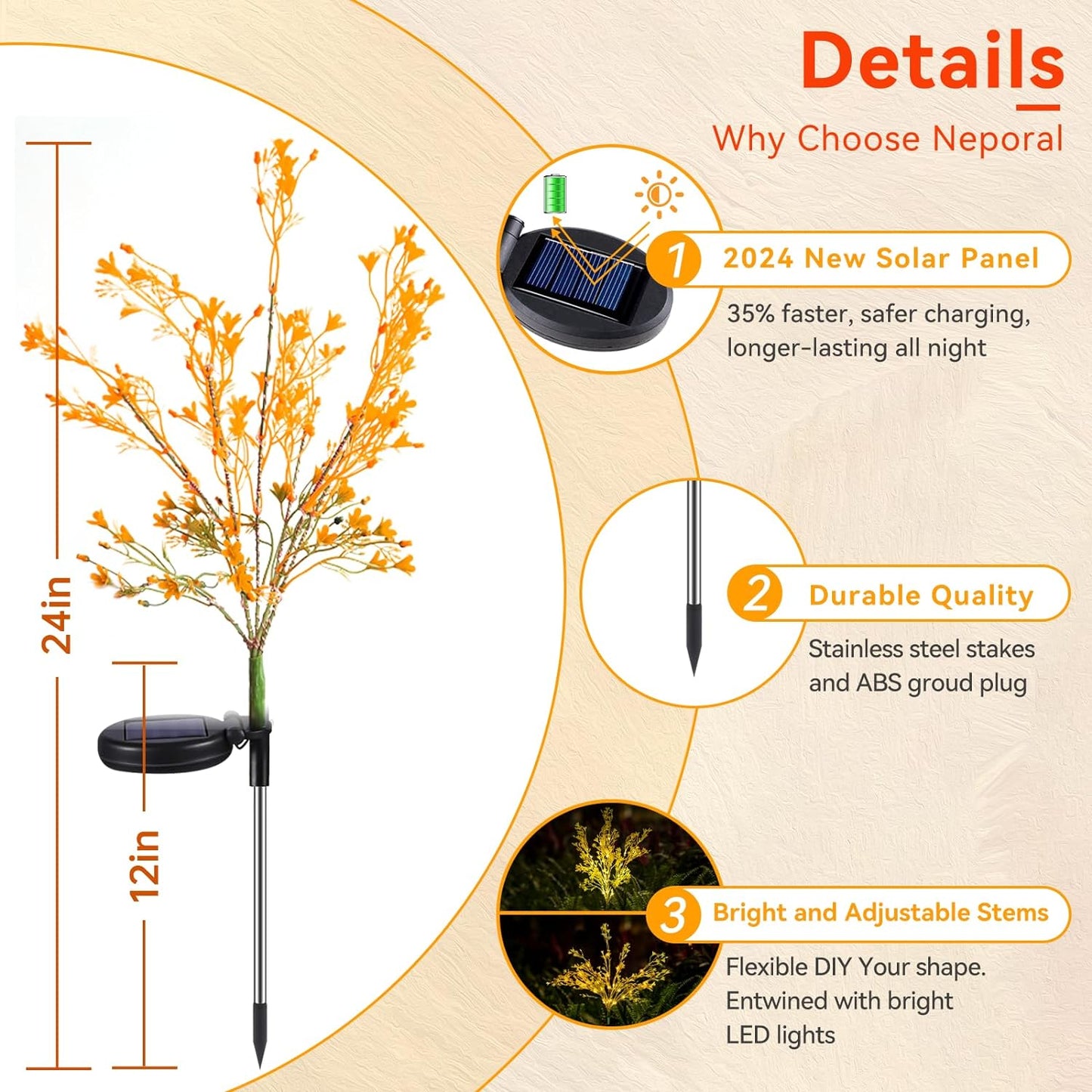 Neporal Garden Solar Lights Outdoor Waterproof IP65 4 Pack, Dusk to Dawn Golden Solar Flowers