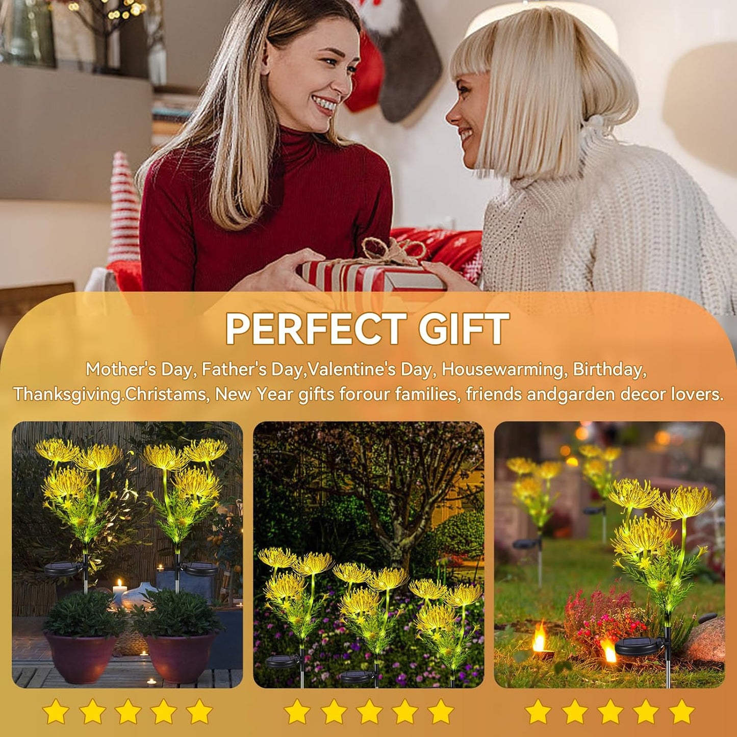 Neporal Solar Garden Lights, 4PK Yellow 12 Heads Solar Flowers with Glowing Flowers & Stems, 2 Lighting Modes, Solar Lights Outdoor Waterproof IP65, Solar Decorative Lights for Garden, Yard Decoration