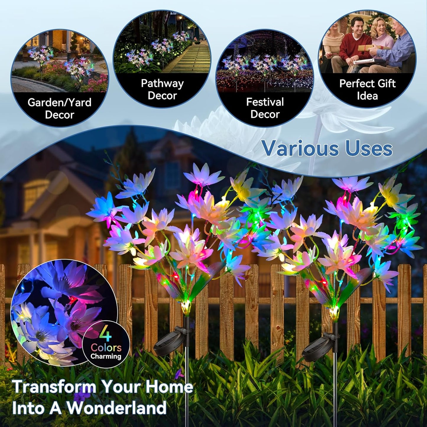 Neporal Solar Flowers Outdoor Waterproof IP65, 5-Head Snow Lotus with 20+ Flowers, 4-Color Light & 2 Lighting Modes, Decorative Solar Lights Outdoor Garden, Yard, Pathway, Flower Bed (2-Pack, White)