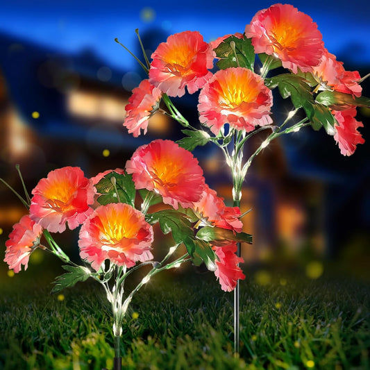 Neporal 2 Pack Solar Flowers Outdoor Waterproof, 14 Enlarged Blooming Pink Peony Flowers