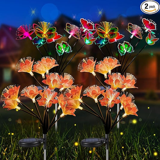 Neporal 4PK Outdoor Solar Flowers+Multi-Color Solar Butterfly Lights, Swaying Garden Decor