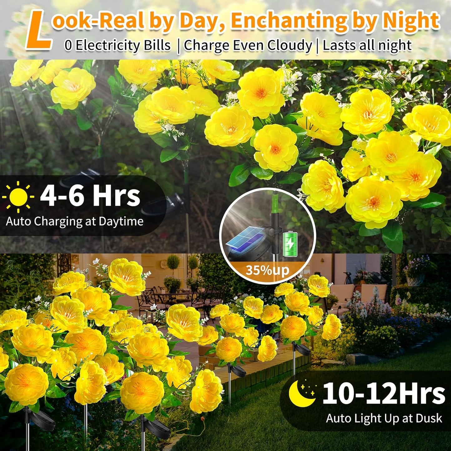 Neporal Solar Flowers Outdoor Waterproof, 4PK 7-Stem Yellow Camellia with 2 Lighting Modes & Romantic Warm Light, Solar Lights Outdoor Decorative for Garden, Yard, Pathway, Gardening Gifts for Women