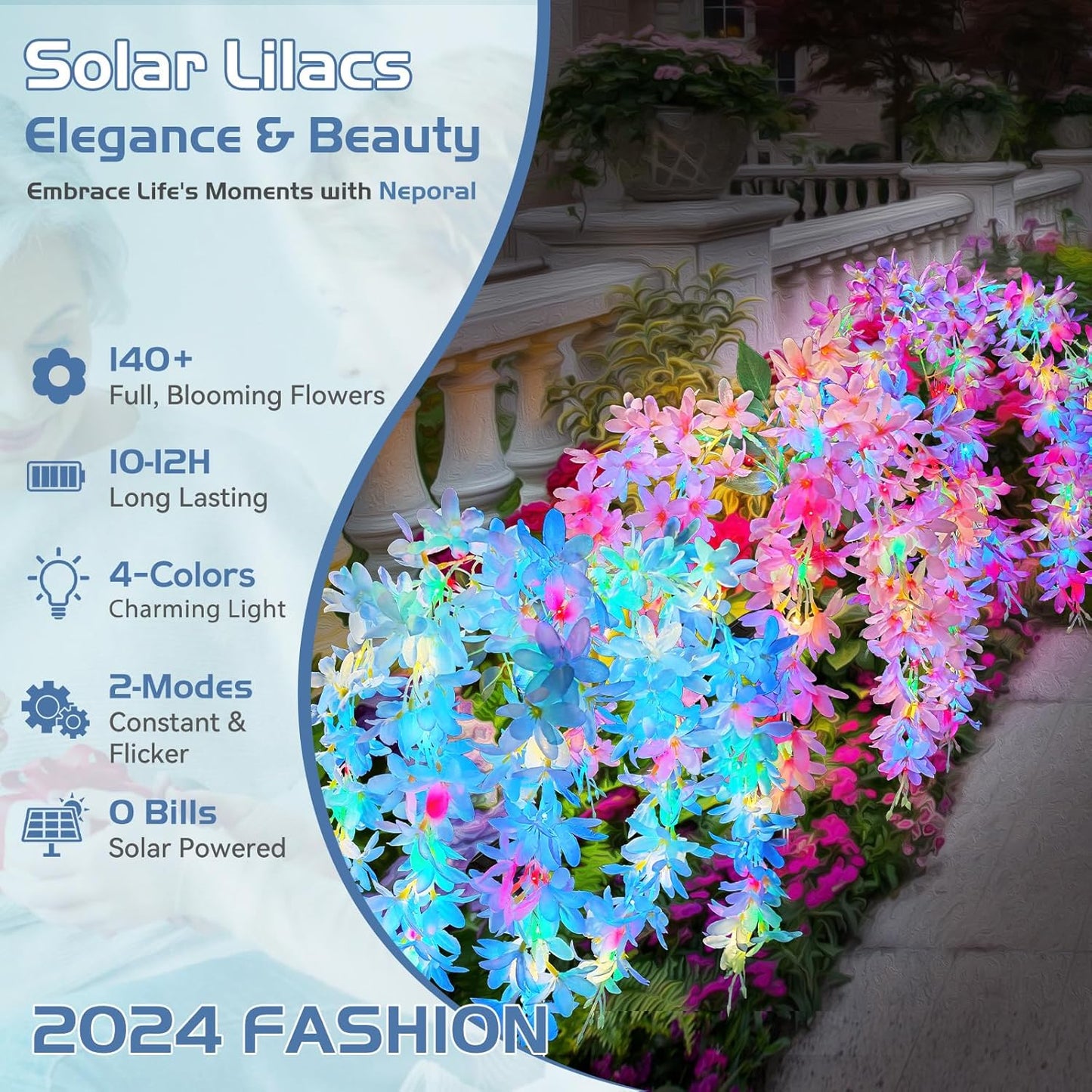 Neporal Solar Flowers Outdoor Waterproof IP65, 5 Lilac Flower Vines with 140+ Flowers