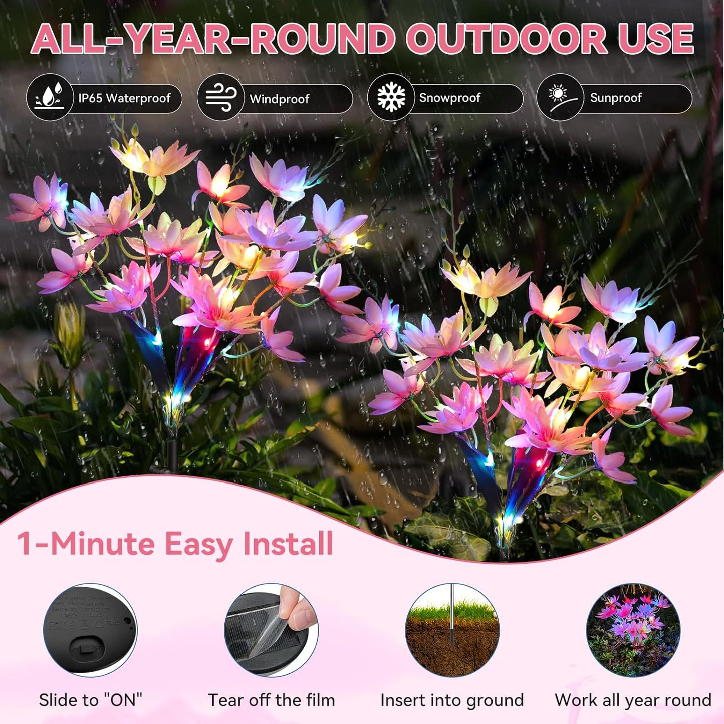 Neporal Solar Flowers Outdoor Waterproof IP65, 5-Head Snow Lotus with 20+ Flowers