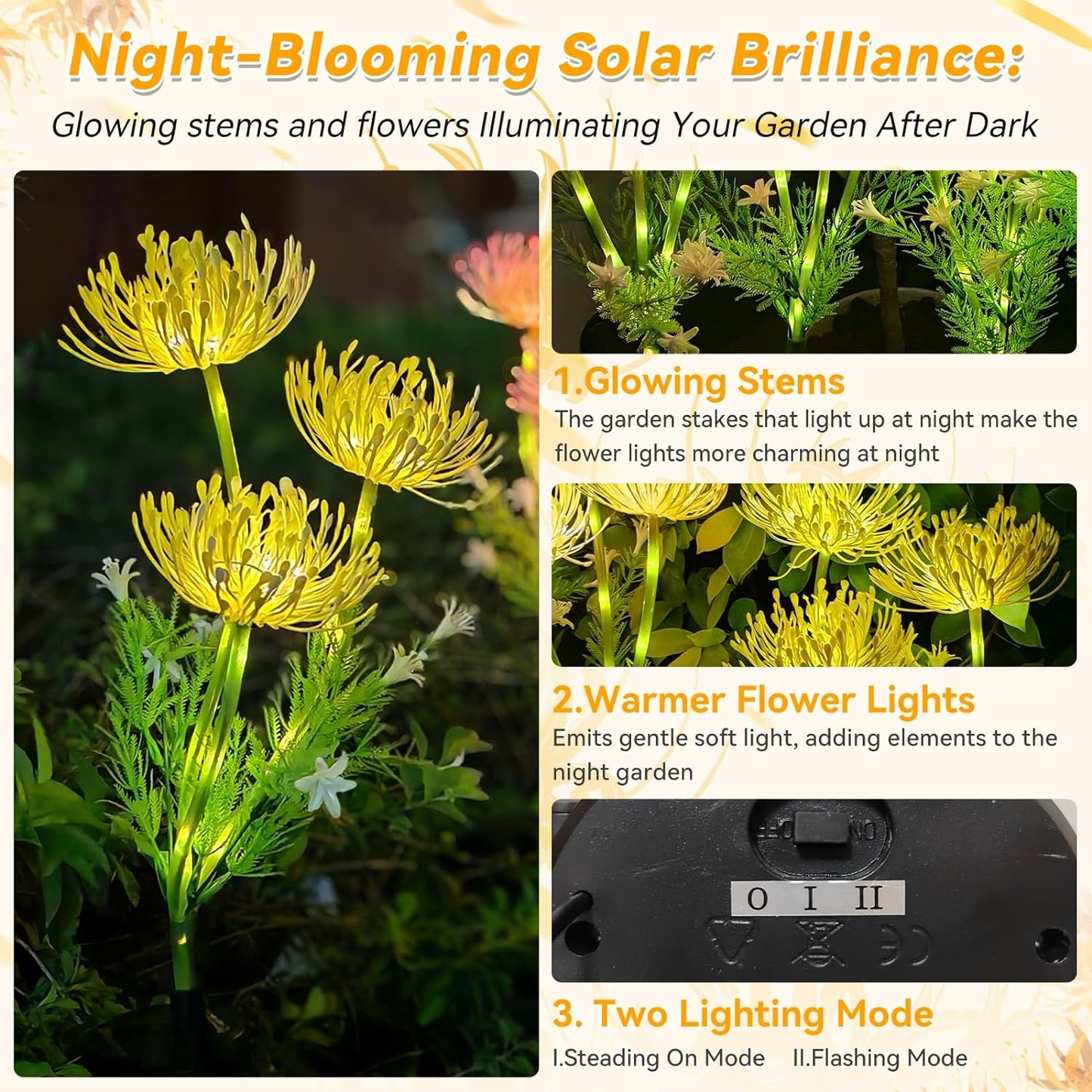 Neporal Solar Garden Lights, 4PK Yellow 12 Heads Solar Flowers with Glowing Flowers & Stems, 2 Lighting Modes, Solar Lights Outdoor Waterproof IP65, Solar Decorative Lights for Garden, Yard Decoration