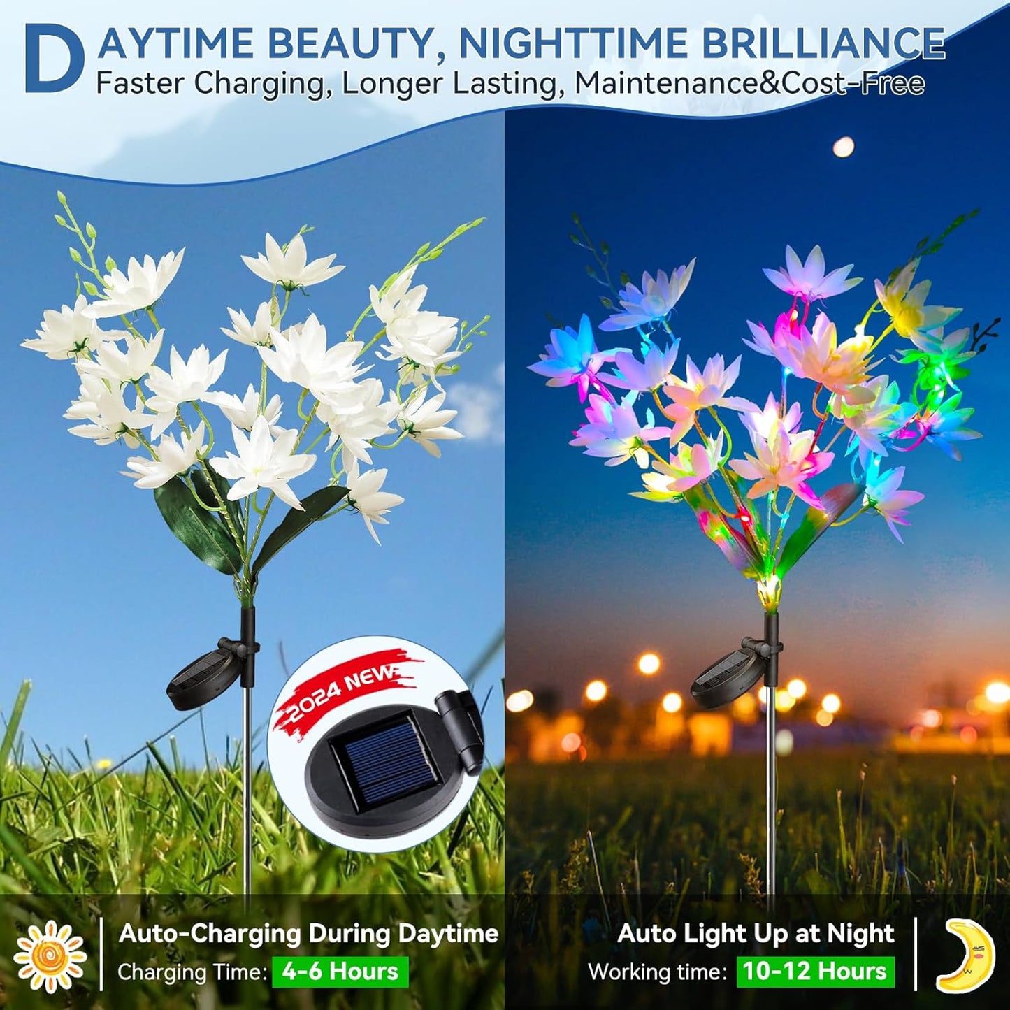 Neporal Solar Flowers Outdoor Waterproof IP65, 5-Head Snow Lotus with 20+ Flowers, 4-Color Light & 2 Lighting Modes, Decorative Solar Lights Outdoor Garden, Yard, Pathway, Flower Bed (2-Pack, White)