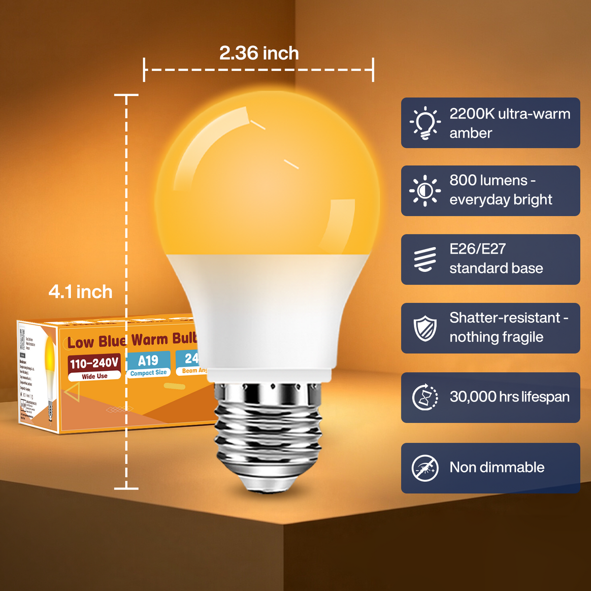 Neporal Warm Light Bulbs 2200K Amber Light Bulbs, 9W 60W Equivalent No Blue Bulbs for Sleep, Soft Yellow A19 E26 Bulb, Flicker-Free Bedroom Nursery Bedside & Living Room Night Light, [4] Pack