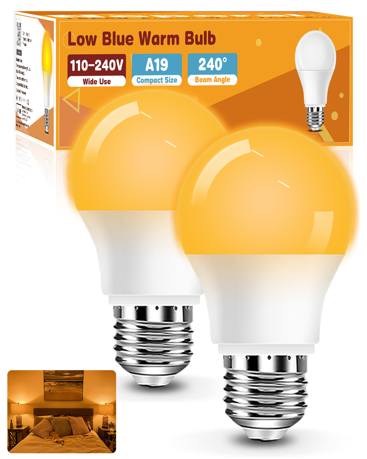 Neporal Warm Light Bulbs 2200K Amber Light Bulbs, 9W 60W Equivalent No Blue Bulbs for Sleep, Soft Yellow A19 E26 Bulb, Flicker-Free Bedroom Nursery Bedside & Living Room Night Light, [2] Pack