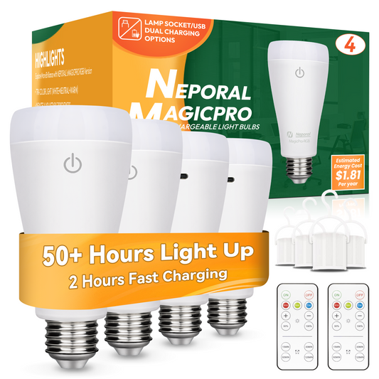 Neporal MagicPro Rechargeable Light Bulbs with Remote, USB + Socket Rechargeable, Last 5-52 Hours 1800mAh Battery Light Bulb, 3 Hue Shift + Stepless Dimmable, A19 E26 Emergency Light Bulb, 15W, 4 Pcs