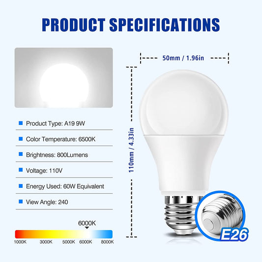 Neporal Garage Door Opener LED Light Bulb Universal A19 9W 60W Equivalent 6000K Cool White Ultra Bright E26 Base Compatible with Most Garage Door Openers Minimize Interference, Pack of 3