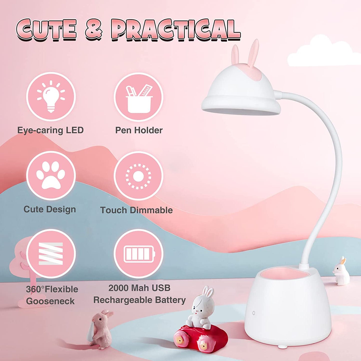 Neporal Small Desk Lamp Cute Desk Lamp Rechargeable Touch Control Dimming 3 Brightness, 360°Flexible Gooseneck Eye-Care LED Kids Desk Lamp with Pen Holder, Kawaii Desk Accessories, Rabbit Lamp
