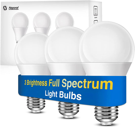 Neporal Full Spectrum Light Bulb 3 Brightness Cool White Happy Light Bulbs Natural Sunlight Bulbs Sunlike Light Bulb A19 6000K E26/E27 Pack of 3