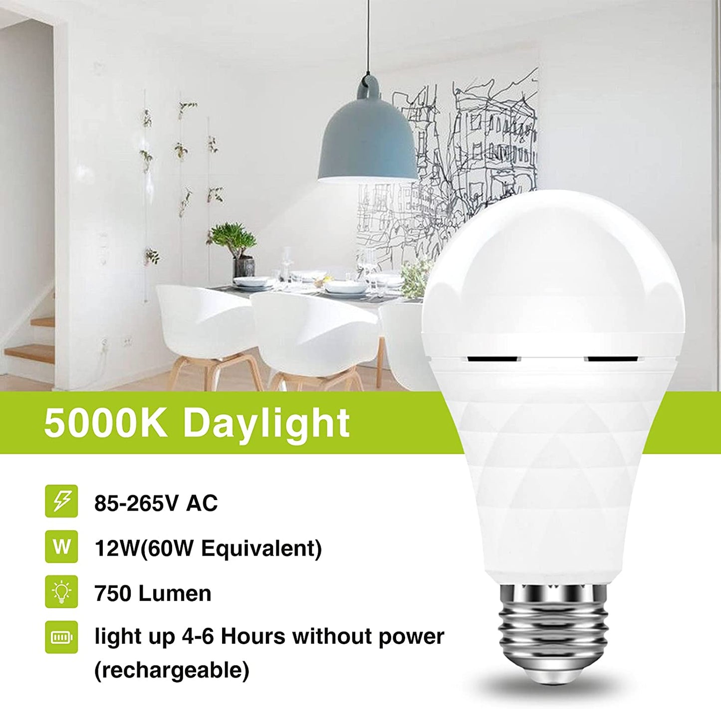 Neporal 【Dedicated to 220V】A19 Emergency Rechargeable Light Bulbs, 60 Watt Equivalent, 5000K Daylight, 1200mAh Battery Backup