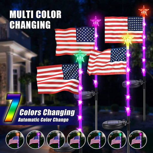 Neporal Solar Lights Outdoor Garden Decorative 4PK, Garden Lights Solar Powered Waterproof IP65, Solar American Flag Lights 7 Color, July 4th Decorations for Outside Yard Patio Lawn Garden Decor