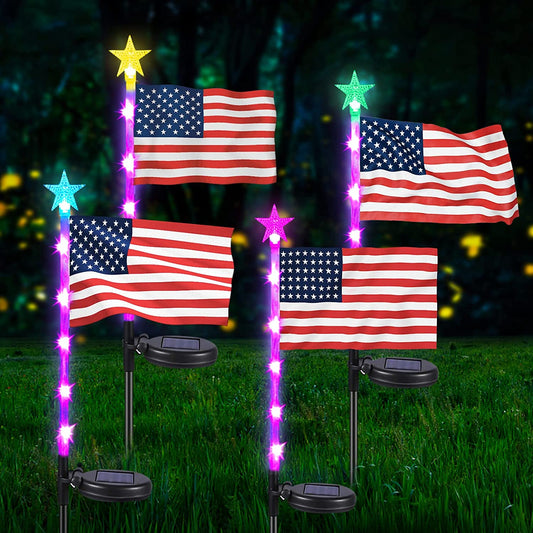 Neporal Solar Lights Outdoor Garden Decorative 4PK, Garden Lights Solar Powered Waterproof IP65, Solar American Flag Lights 7 Color, July 4th Decorations for Outside Yard Patio Lawn Garden Decor